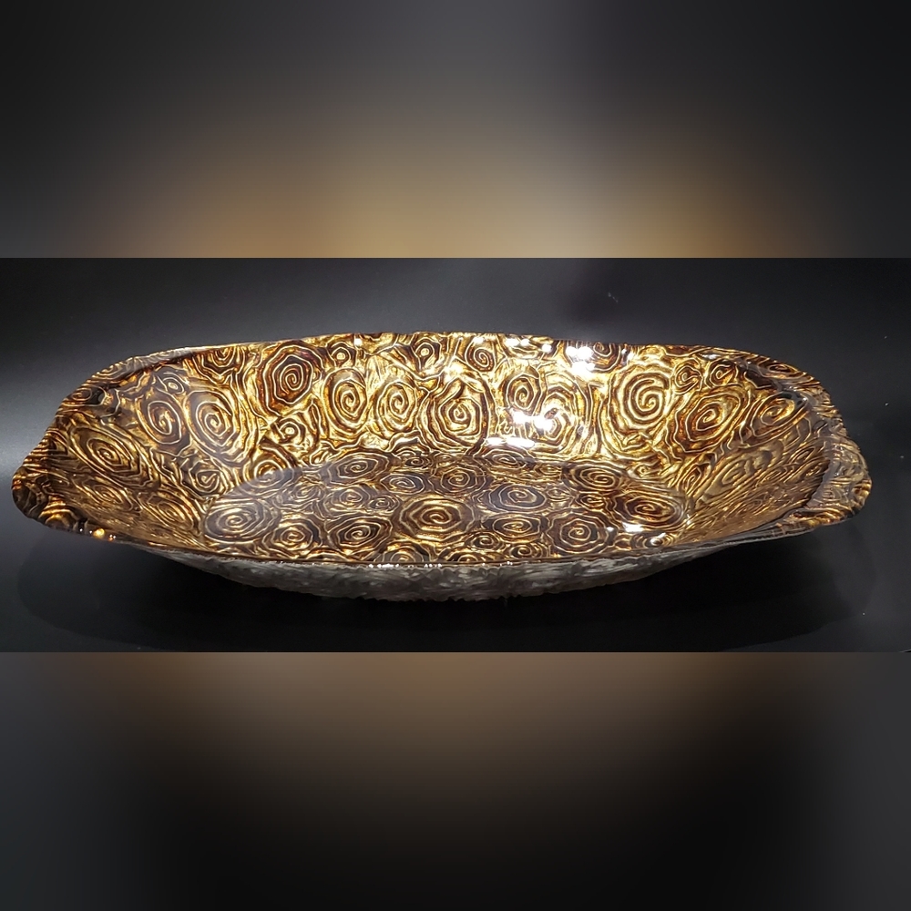 17 1/2" x 10" Glass Copper Bronze Brown Art Glass Decor Bowl with Silver Bottom